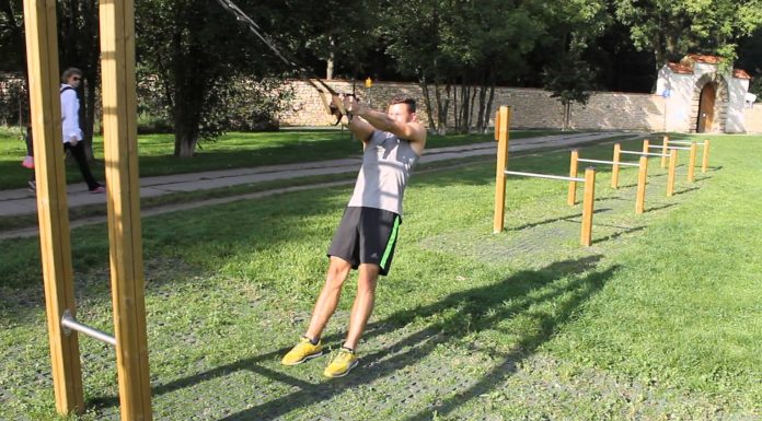 TRX príťahy s lakťami do strán postojačky