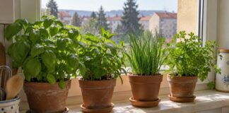 Bylinky v izbe: ktoré sa darí pestovať na parapete a ako na ne Bylinky v izbe – kvetináče na svetlom parapete (ilustrácia vytvorená pomocou AI)