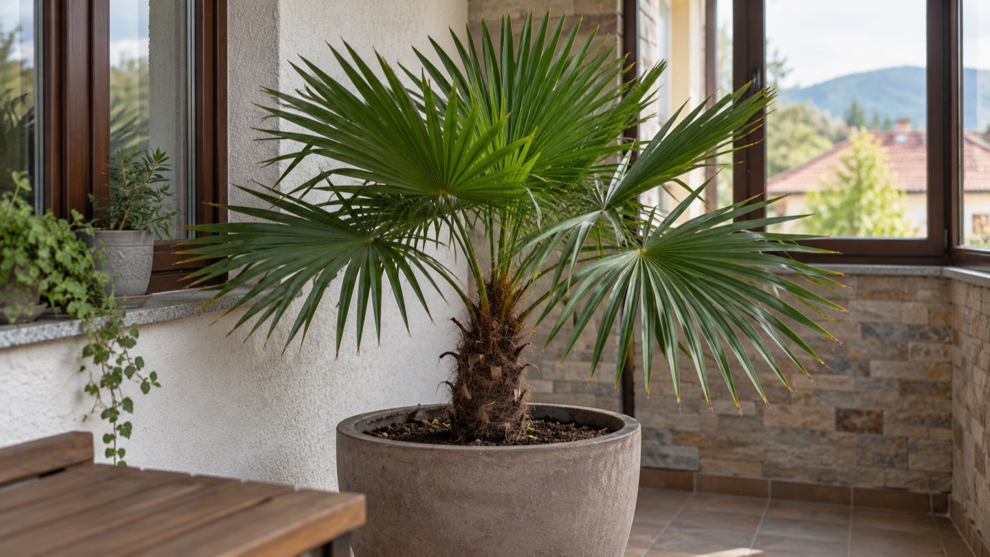 Palma Trachycarpus fortunei s vejárovitými listami (ilustrácia vytvorená pomocou AI)